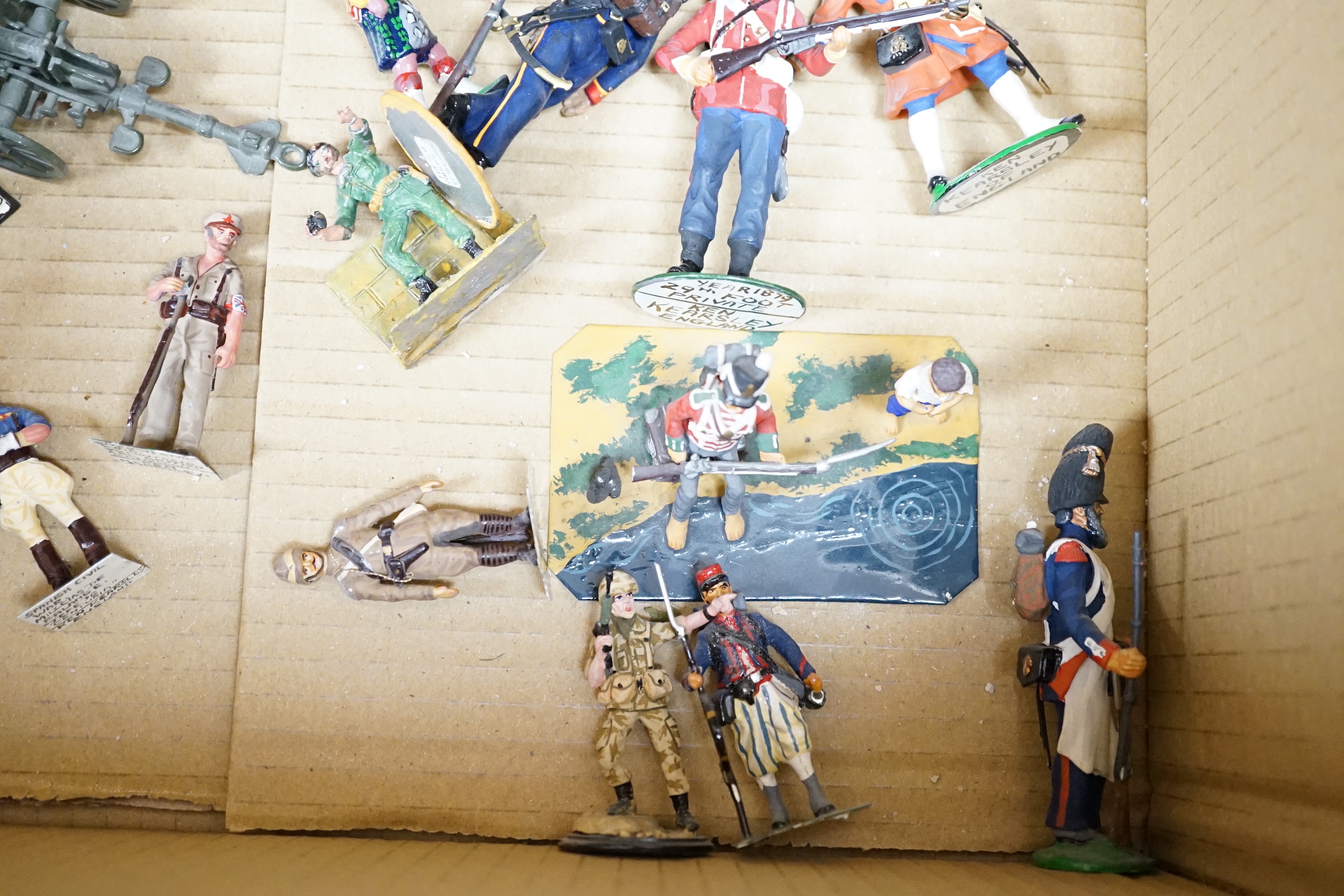 A collection of white metal soldiers, many hand painted and produced by Ken Kearsley, modelled on mostly early 19th century soldiers in a variety of scales (two boxes)